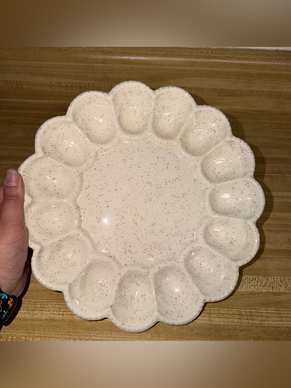 Vintage Speckled‎ White/cream Ceramic Deviled Egg Platter serving tray
